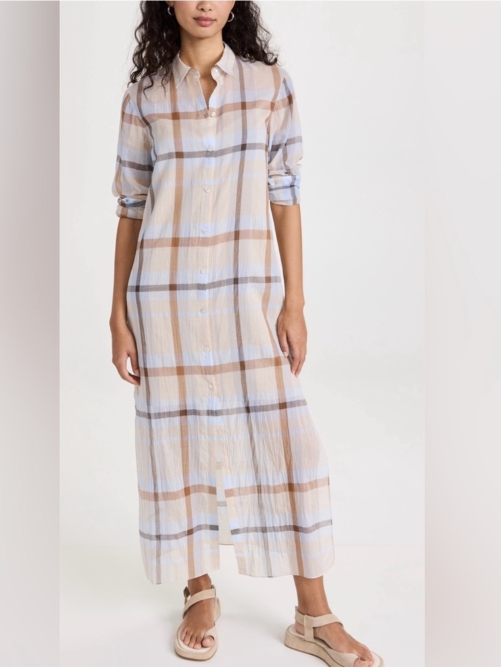 Theory Beige and Light Blue Plaid Maxi Shirt Dress
